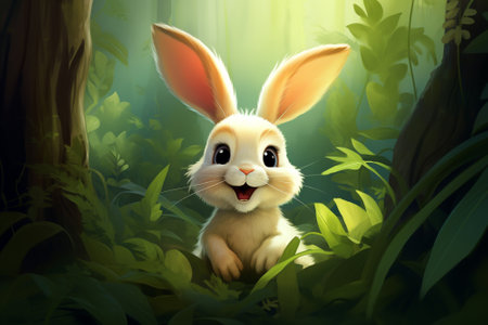 Rabbit cartoon on green background.AI generative.の素材
