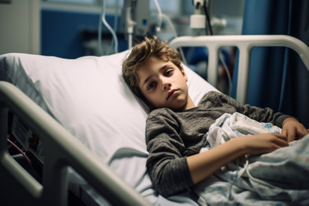 sick boy lying in hospital bed with saline intravenous (IV)の素材