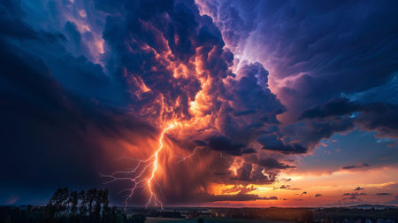 Thunderstorm over the city at sunset, thunderstorm in the skyの素材