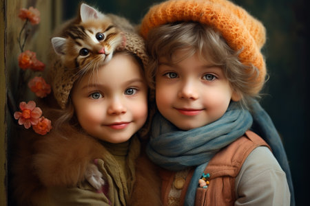 Two little girls in hats and scarves with cat on the background.の素材