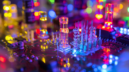 Electronic circuit board close-up with microchips and electronic componentsの素材