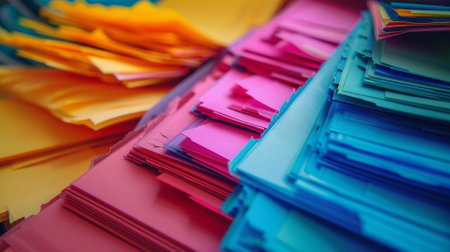 Close up of a pile of colorful paper sheets with copy space.の素材