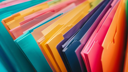 Colorful file folders close-up. Selective focus with shallow depth of field.の素材