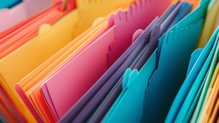 Close up view of a pile of colorful file folders. Selective focus.の素材
