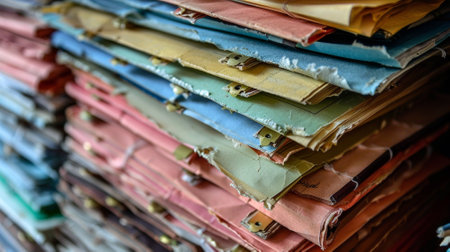 Pile of old book covers in a book store. Selective focus.の素材