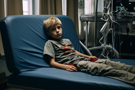sick little boy sitting in hospital bed with saline intravenous therapyの素材