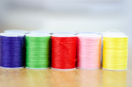 Color Yarn on brown table.の写真素材