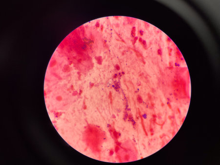 Mold and budding yeast cell in sputum gram stain.の写真素材