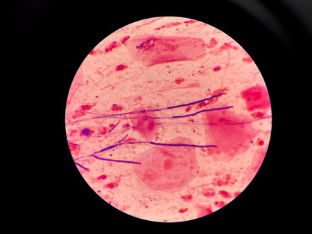 Mold and budding yeast cell in sputum gram stain.の写真素材