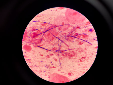 Mold and budding yeast cell in sputum gram stain.の写真素材