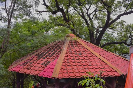 View of the red hut from above. outside maa chamunda temple in dewas city,の写真素材
