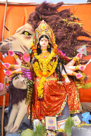 09-10-2019, Dewas, Madhya Pradesh, India. Background Durga Puja Festival and Tableau. Sculpture of Hindu Goddess Durga.のeditorial素材