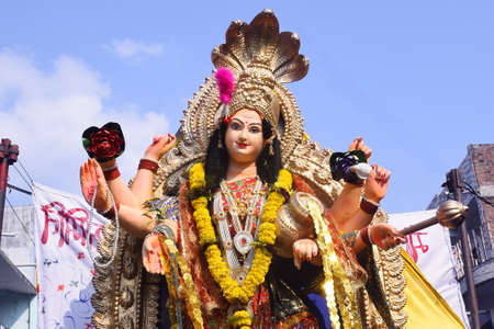 09-10-2019, Dewas, Madhya Pradesh, India. Background Durga Puja Festival and Tableau. Sculpture of Hindu Goddess Durga.のeditorial素材