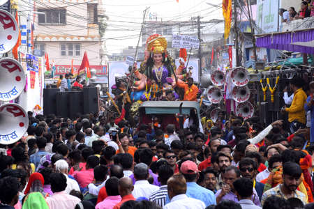 09-10-2019, Dewas, Madhya Pradesh, India. Background Durga Puja Festival and Tableau. Sculpture of Hindu Goddess Durga.のeditorial素材