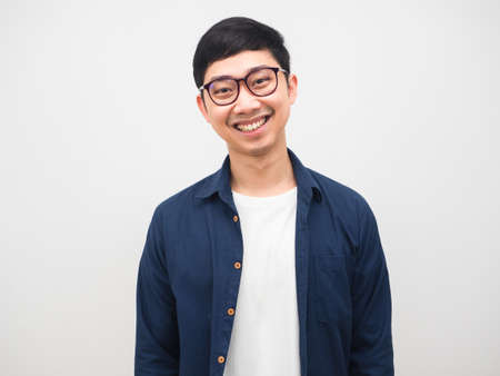 Asian man cheerful wearing glasses happy smile white backgroundの写真素材