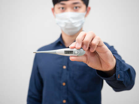 Closeup thermometer in man hand high temperature on white background