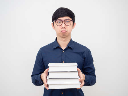 Asian man wearing glasses holding book bored at face portrait white background