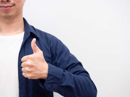 Portrait asian man thumb up with smile at face crop body with copy space white background