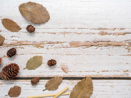 Dry leaf with pine cones on wold wooden top view copy space autumn concept