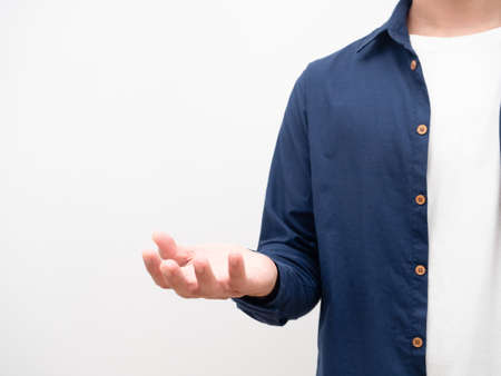Man show empty hand for holding product crop shot