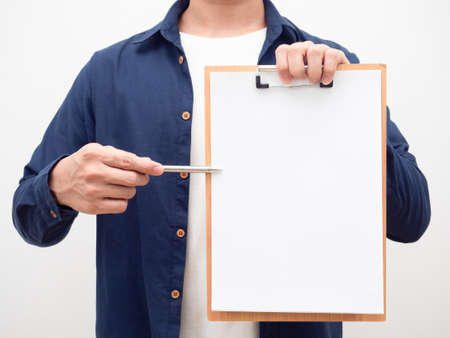 Crop shot of man point pen at blank document board