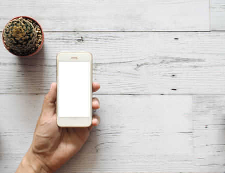 Hand holding smartphone white screen with cactus on white wood table and nature shadow top view and spaceの写真素材