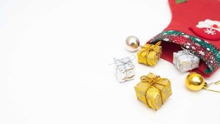 Christmas gift and accessories and stocking on white isolated copy space