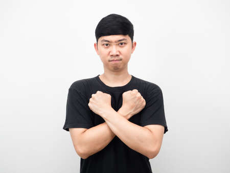 Asian man confident face gesture corss hands at his chest portraitの写真素材