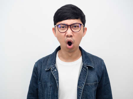 Man wearing glasses jeans shirt say no angry faceの写真素材