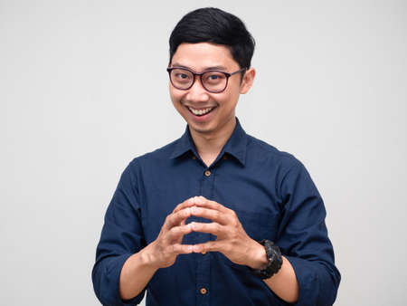 Handsome businessman wear glasses confident gesture joy hand isolatedの写真素材
