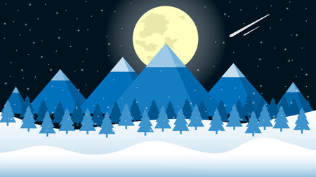 Snowfall winter at night with the mountain and valley with big moon light and shooting star illustrationのイラスト素材