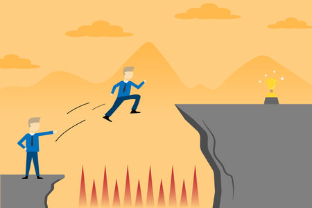 Vector leader businessman jumping past trouble to success valley get the trophy conceptのイラスト素材