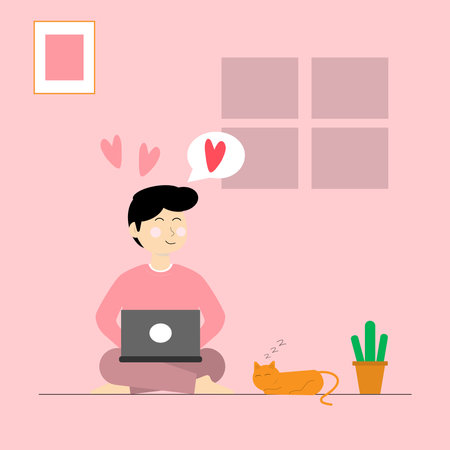 Vector illustration cartoon man sitting using laptop with cat in living room feels falling love cpnceptのイラスト素材