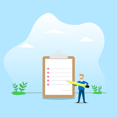 Vector leader man hold pencil point at document board about checklist growth business concept...