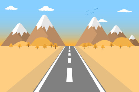 Vector landscape background. Road in nature field, mountains, hills, clouds on blue sky. Flat style illustration of autumn and spring nature.のイラスト素材