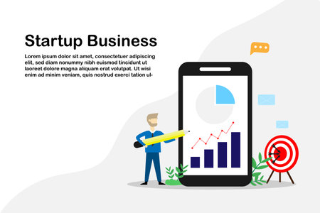 Vector concept businessman point pencil at strategy business graph at mobile phone screen,Startup investment goalのイラスト素材