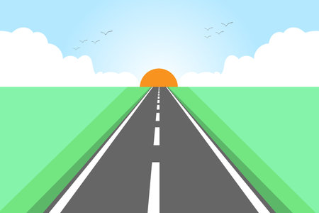 Vector landscape nature background.Road in autumn,clouds on the blue sky. Flat style illustration of spring nature.のイラスト素材