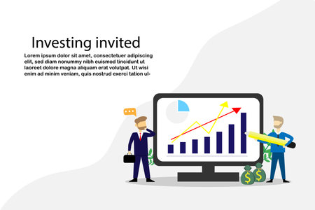 Vector illustration concept invited to investing,Businessman standing at investment graph on screen thinking about profitのイラスト素材