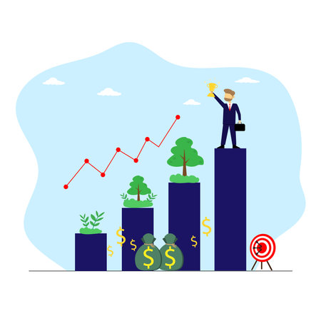 Vector concept businessman show trophy about successful standing on growth bar investmentのイラスト素材