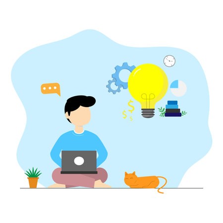 Vector concept man using laptop sit with cat thinking about working idea,Young creative and idea conceptのイラスト素材
