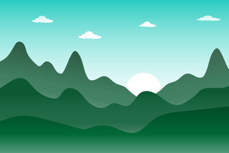 Cartoon vector illustration meadow and mountain sunset,Blue sky with clouds with hills and paddy field in nature landscapeのイラスト素材