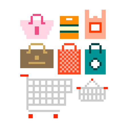 Shopping bags pixel art vector set for black friday, and other store promotion designsのイラスト素材