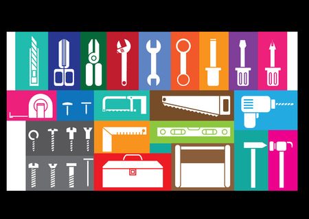 white tool kits on colorful frame background.の写真素材