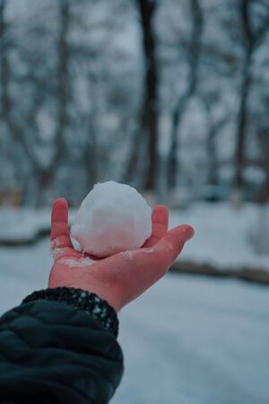Snowball in winter inside man's handのeditorial素材