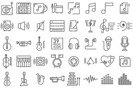 Set of music thin line icon. Contains such as group of wave, musical instrument, drum, speaker, mixer.のイラスト素材