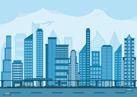 Cityscape flat smart city enviroment background vector. Blue color theme with  big skyscraper building. Roadway sky train tree line and architechture shadow vector.のイラスト素材