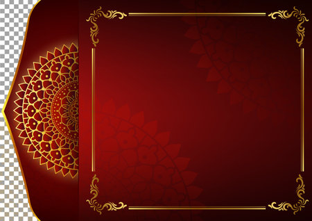 Art of traditional Indian geometric. Red luxury mandala graphic background. Gold ornamental border. Decorative frame east style. Vector illustration with copy space.のイラスト素材
