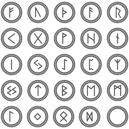 Set of related runic alphabets icon. Runes font symbol graphic. Ancient norse vector illustrator. Two tone black and white.のイラスト素材