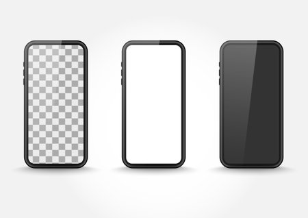 Mobile phone isolated mockup display. Set of smart phone screen on blank background. Electronic object with shadow vector.のイラスト素材