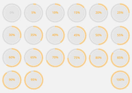 Set of round circle percentage meter for progress report. Flat yellow volumn icon indicator vector. 5 step loader.のイラスト素材